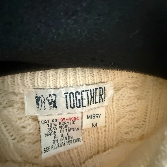 VTG Together! Sweater med Cream Embroidered Teddy Bear Wool Cable Knit 90s - Picture 4 of 5